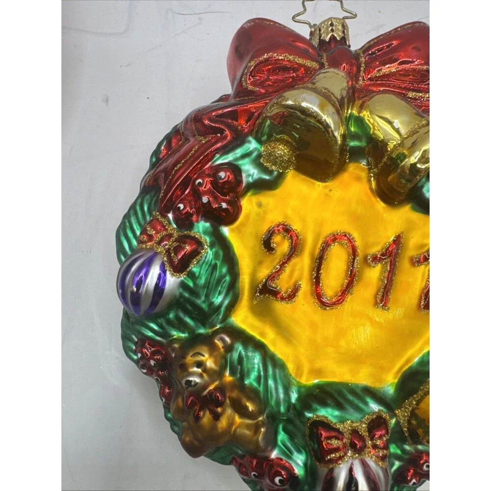 Christopher Radko Bells Bow Evergreen Wreath Textured Glass Christmas Ornament